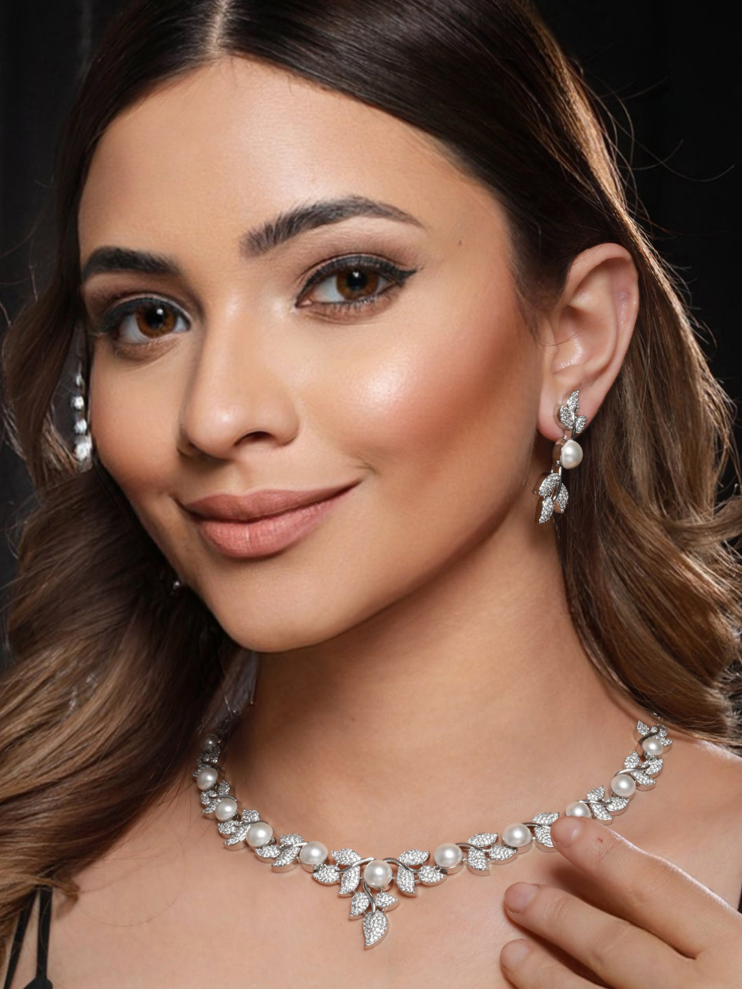 Silver Plated C Z Studded Pearl Floral Statement Jewellery Set